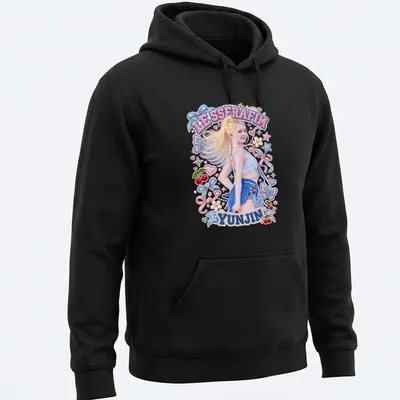 Colorful pop art graphic of Yunjin from LE SSERAFIM on a white crop top — printed on a unisex hoodie