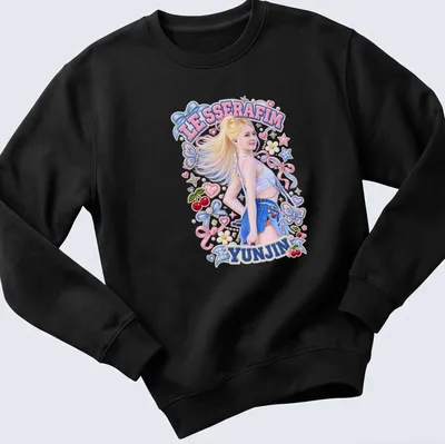 Colorful pop art graphic of Yunjin from LE SSERAFIM on a white crop top — printed on a unisex sweatshirt