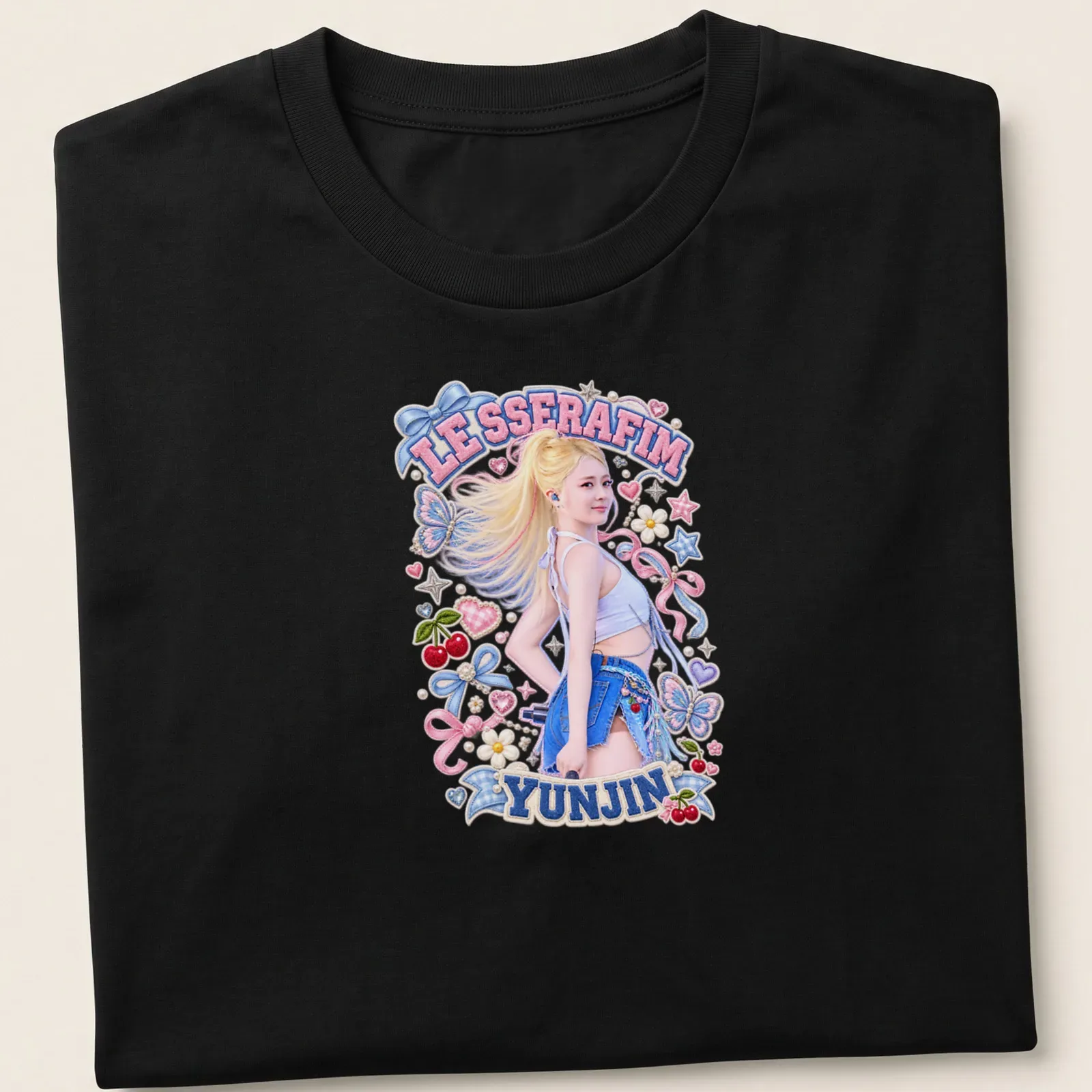 Colorful pop art graphic of Yunjin from LE SSERAFIM on a white crop top — printed on a unisex t-shirt