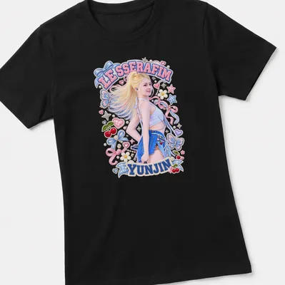 Colorful pop art graphic of Yunjin from LE SSERAFIM on a white crop top — printed on a women's shirt