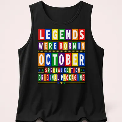 Colorful birthday-themed t-shirt with block letters celebrating October birthdays — printed on a tank top