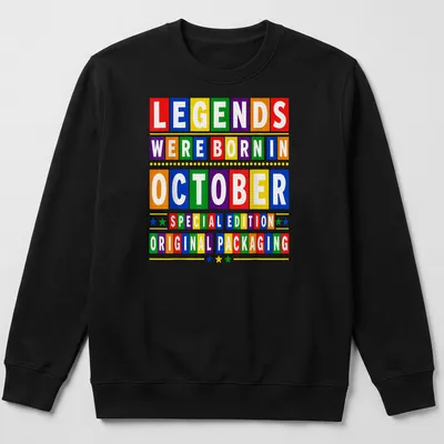 Colorful birthday-themed t-shirt with block letters celebrating October birthdays — printed on a unisex sweatshirt
