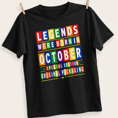 Colorful birthday-themed t-shirt with block letters celebrating October birthdays