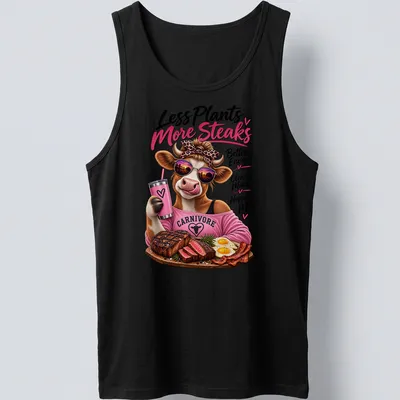 Colorful cartoon cow eating steak with humorous text about energy and happiness. — printed on a tank top