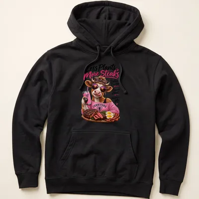 Colorful cartoon cow eating steak with humorous text about energy and happiness. — printed on a unisex hoodie