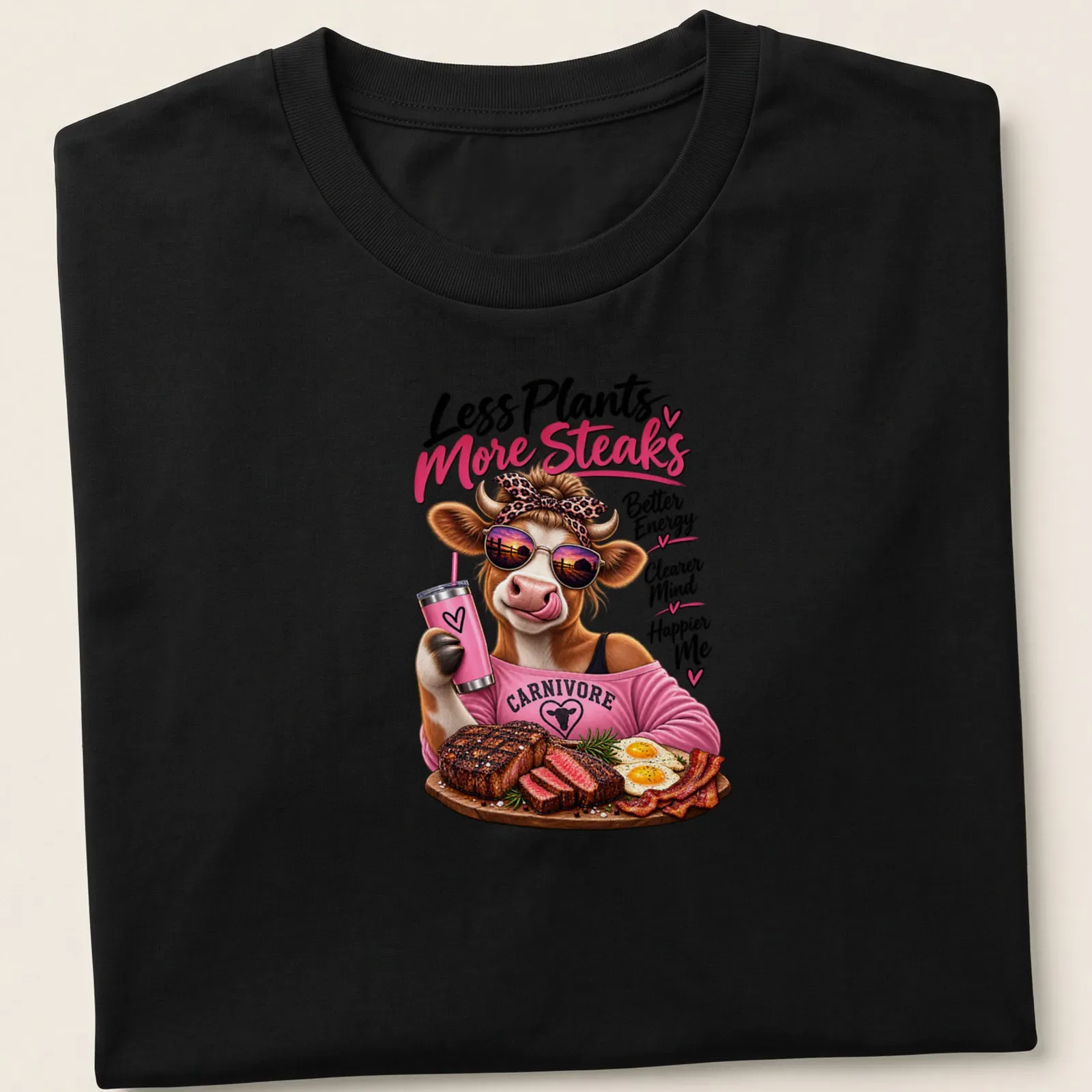 Colorful cartoon cow eating steak with humorous text about energy and happiness. — printed on a unisex t-shirt