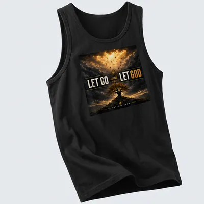 Inspirational T-shirt featuring the phrase 'LET GO and LET GOD' with a dramatic tree design. — printed on a tank top
