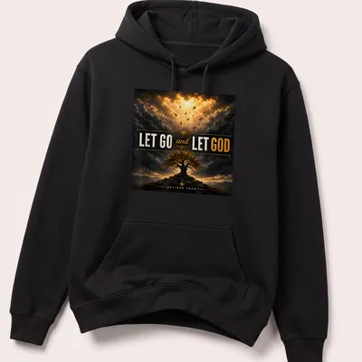 Inspirational T-shirt featuring the phrase 'LET GO and LET GOD' with a dramatic tree design. — printed on a unisex hoodie