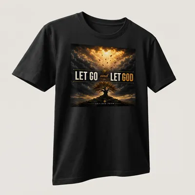 Inspirational T-shirt featuring the phrase 'LET GO and LET GOD' with a dramatic tree design. — printed on a unisex t-shirt (angled view)
