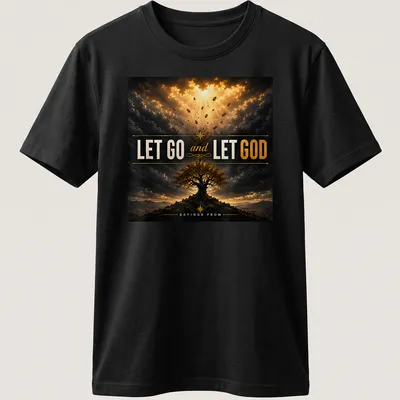 Inspirational T-shirt featuring the phrase 'LET GO and LET GOD' with a dramatic tree design.