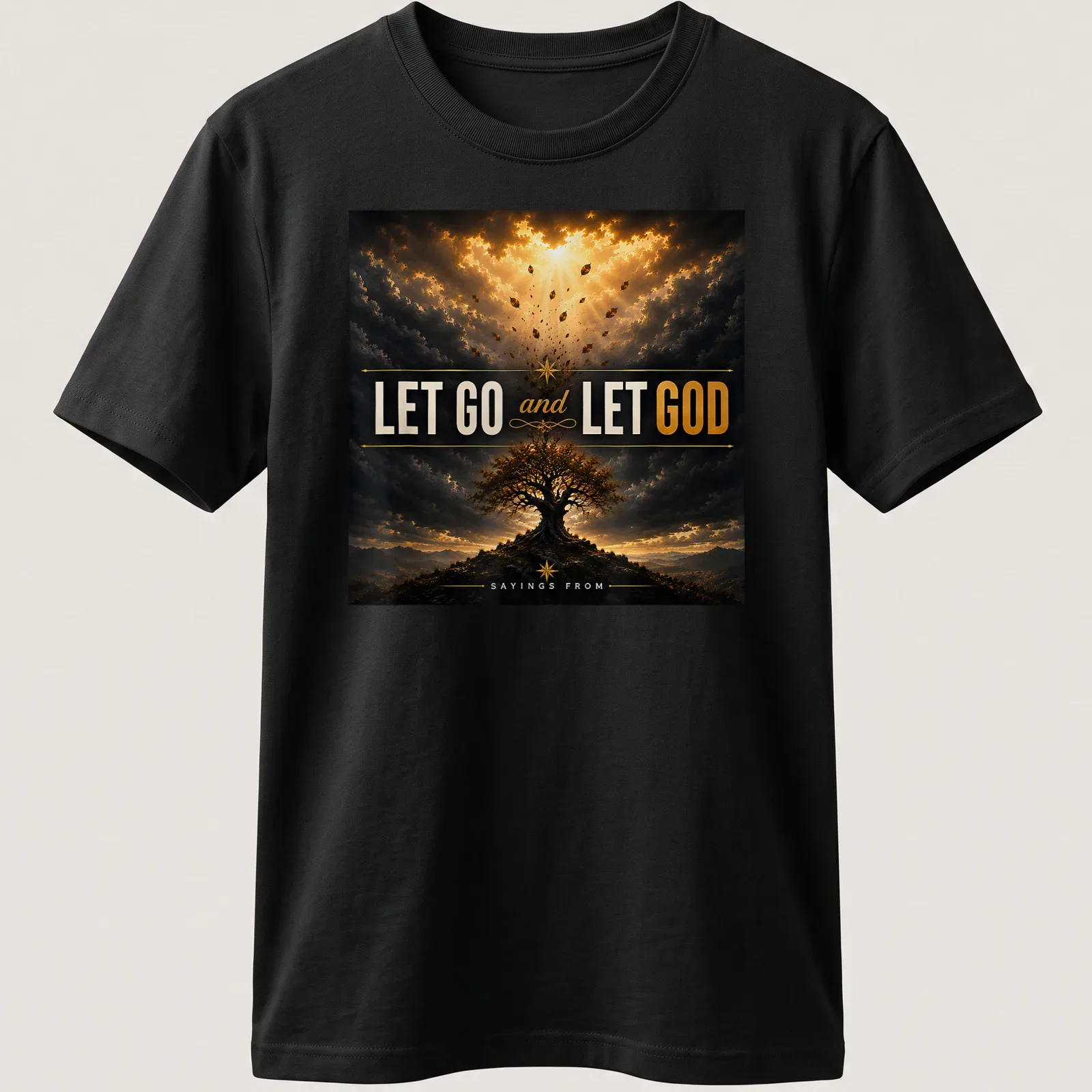 Inspirational T-shirt featuring the phrase 'LET GO and LET GOD' with a dramatic tree design. — printed on a unisex t-shirt