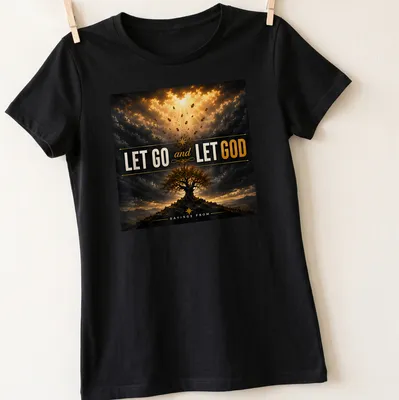 Inspirational T-shirt featuring the phrase 'LET GO and LET GOD' with a dramatic tree design. — printed on a women's shirt