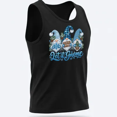 Colorful cartoon gnomes in snow with text Let it Gnome It's Snowing — printed on a tank top