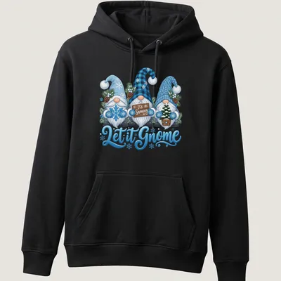 Colorful cartoon gnomes in snow with text Let it Gnome It's Snowing — printed on a unisex hoodie