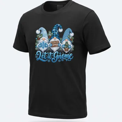 Colorful cartoon gnomes in snow with text Let it Gnome It's Snowing — printed on a unisex t-shirt