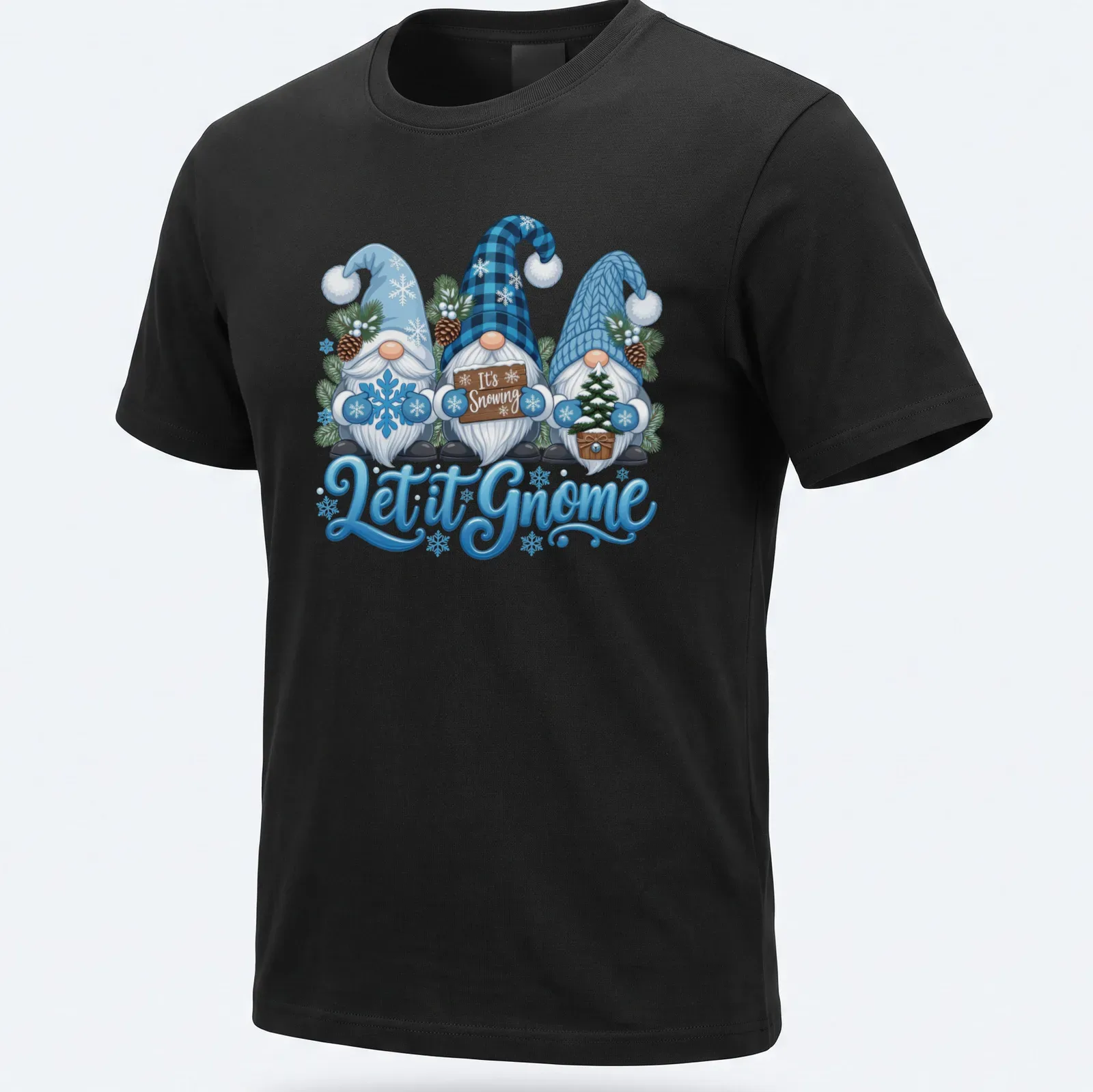Colorful cartoon gnomes in snow with text Let it Gnome It's Snowing — printed on a unisex t-shirt