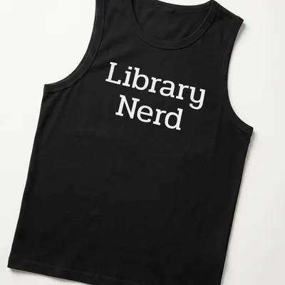 Bold typography T-shirt with 'Library Nerd' text in white — printed on a tank top