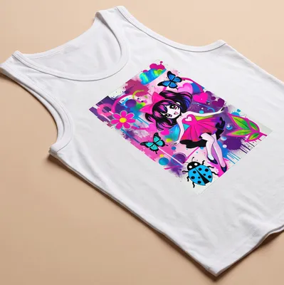 Kawaii style t-shirt featuring a cute girl surrounded by colorful butterflies and flowers — printed on a tank top