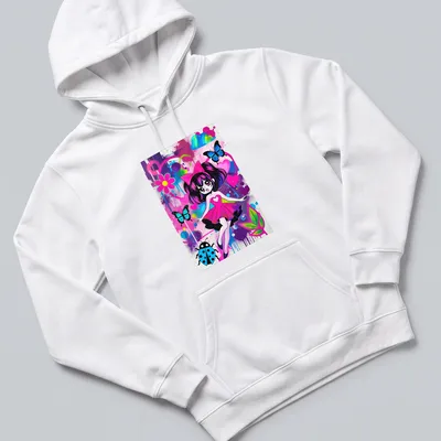 Kawaii style t-shirt featuring a cute girl surrounded by colorful butterflies and flowers — printed on a unisex hoodie