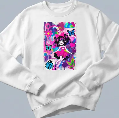 Kawaii style t-shirt featuring a cute girl surrounded by colorful butterflies and flowers — printed on a unisex sweatshirt
