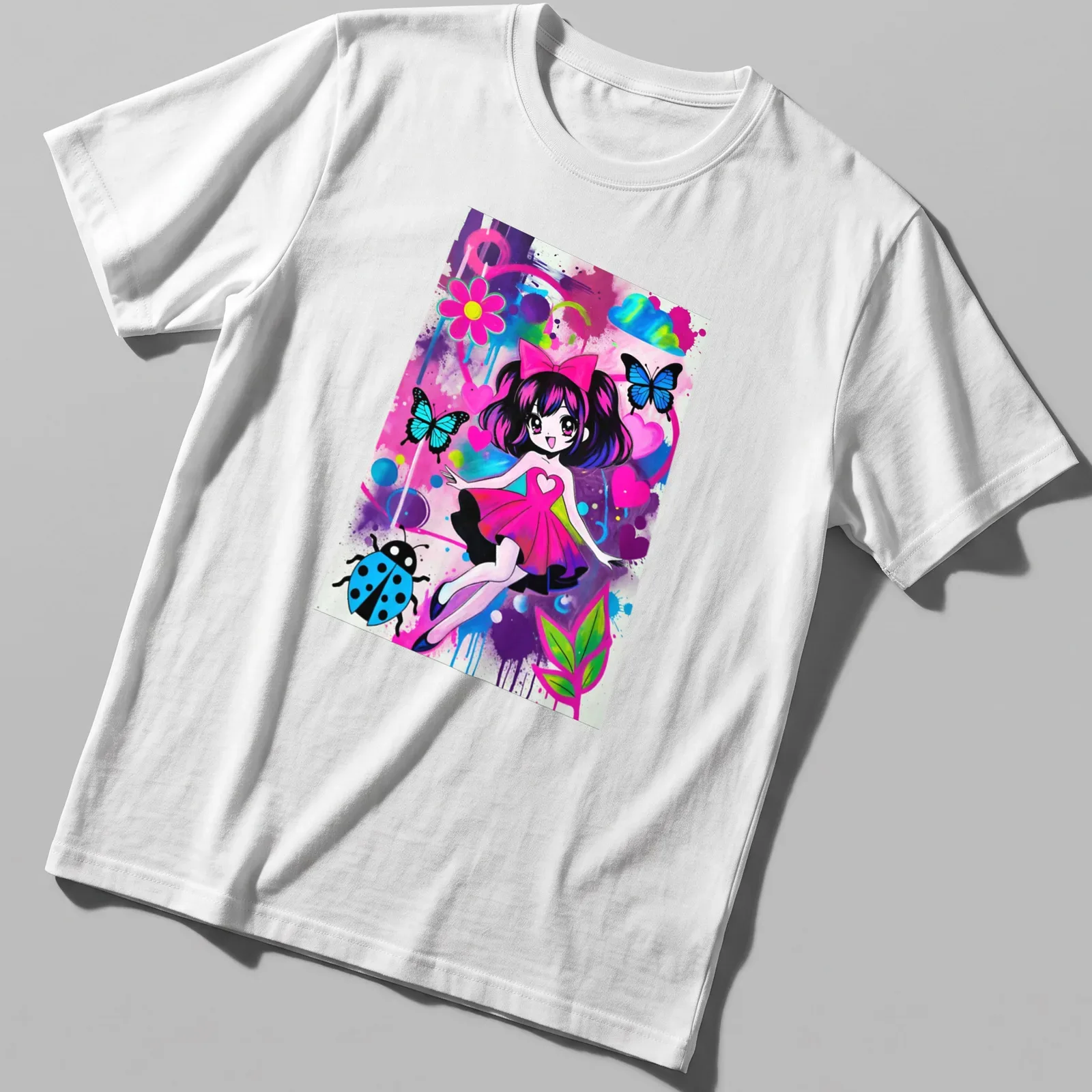 Kawaii style t-shirt featuring a cute girl surrounded by colorful butterflies and flowers — printed on a unisex t-shirt
