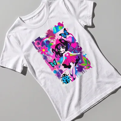Kawaii style t-shirt featuring a cute girl surrounded by colorful butterflies and flowers — printed on a women's shirt