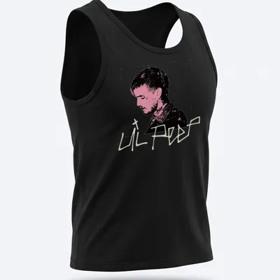 Illustrative portrait of Lil Peep in black, pink, and white colors — printed on a tank top
