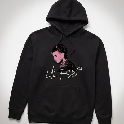 Illustrative portrait of Lil Peep in black, pink, and white colors — printed on a unisex hoodie