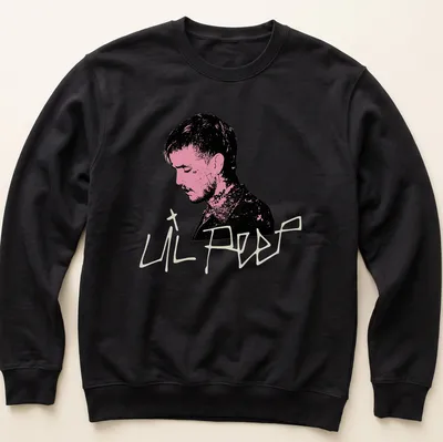 Illustrative portrait of Lil Peep in black, pink, and white colors — printed on a unisex sweatshirt