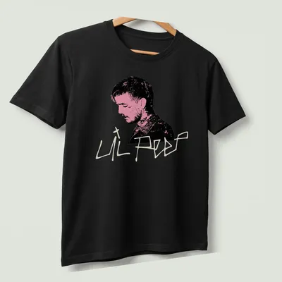 Illustrative portrait of Lil Peep in black, pink, and white colors — printed on a unisex t-shirt (angled view)