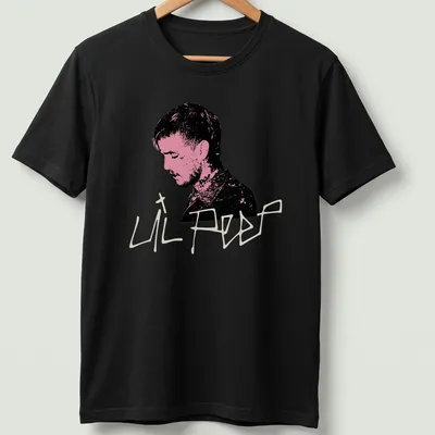Illustrative portrait of Lil Peep in black, pink, and white colors — printed on a unisex t-shirt