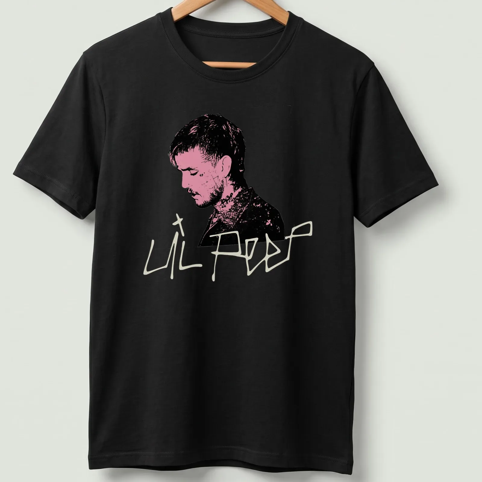 Illustrative portrait of Lil Peep in black, pink, and white colors — printed on a unisex t-shirt