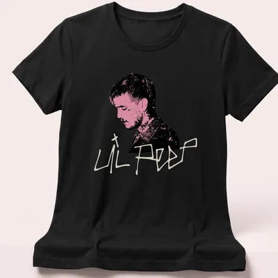 Illustrative portrait of Lil Peep in black, pink, and white colors — printed on a women's shirt