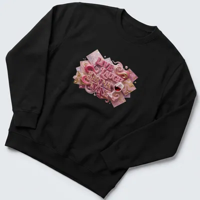 3D text art t-shirt with the phrase Live Laugh Drink Wine and a wine glass graphic — printed on a unisex sweatshirt