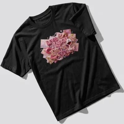 3D text art t-shirt with the phrase Live Laugh Drink Wine and a wine glass graphic