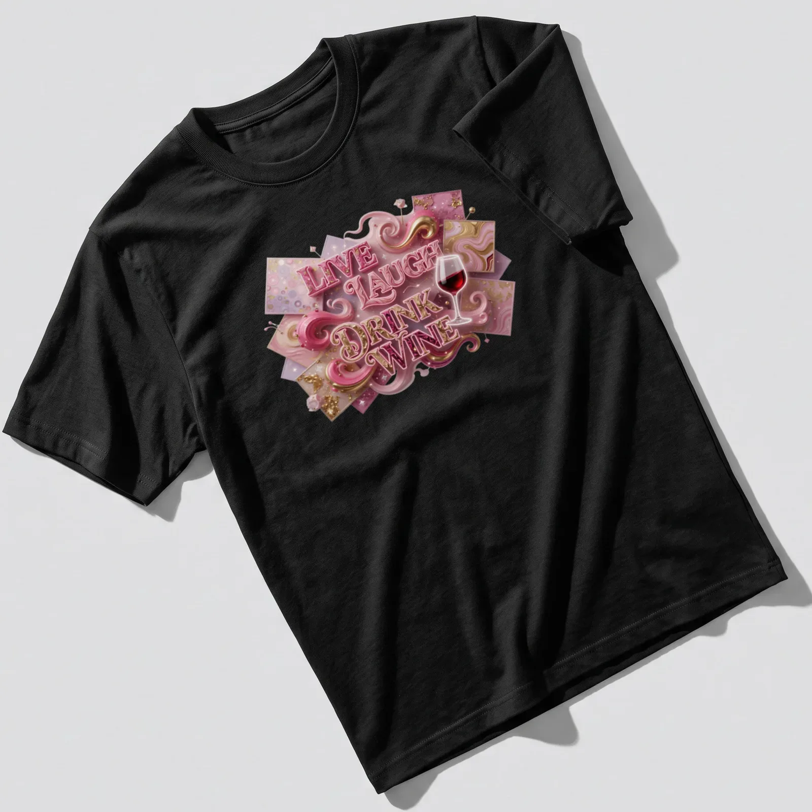 3D text art t-shirt with the phrase Live Laugh Drink Wine and a wine glass graphic — printed on a unisex t-shirt