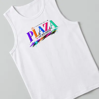 Colorful crown graphic with 'PLAZA LIVE WITH PURPOSE' in vibrant graffiti style — printed on a tank top