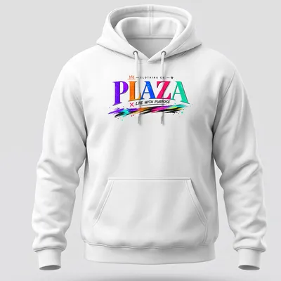 Colorful crown graphic with 'PLAZA LIVE WITH PURPOSE' in vibrant graffiti style — printed on a unisex hoodie