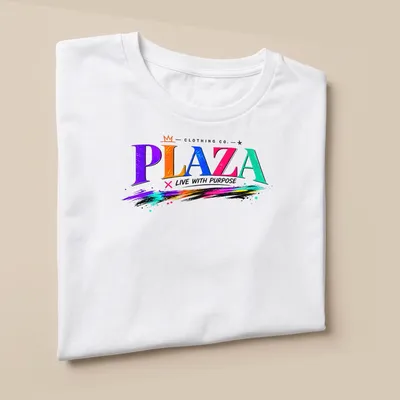 Colorful crown graphic with 'PLAZA LIVE WITH PURPOSE' in vibrant graffiti style — printed on a unisex t-shirt (angled view)