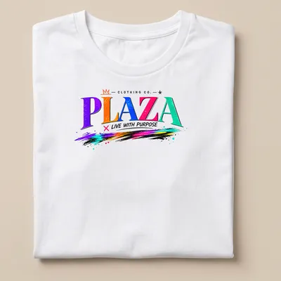 Colorful crown graphic with 'PLAZA LIVE WITH PURPOSE' in vibrant graffiti style