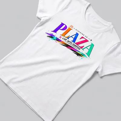Colorful crown graphic with 'PLAZA LIVE WITH PURPOSE' in vibrant graffiti style — printed on a women's shirt