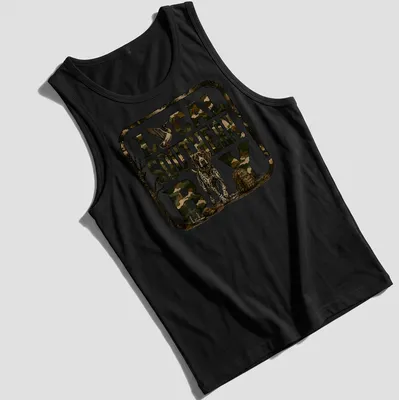 Camouflage t-shirt with Local Southern Boy text and hunting dog graphic — printed on a tank top