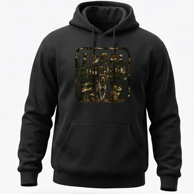 Camouflage t-shirt with Local Southern Boy text and hunting dog graphic — printed on a unisex hoodie