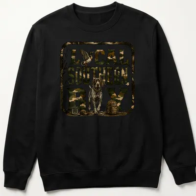 Camouflage t-shirt with Local Southern Boy text and hunting dog graphic — printed on a unisex sweatshirt
