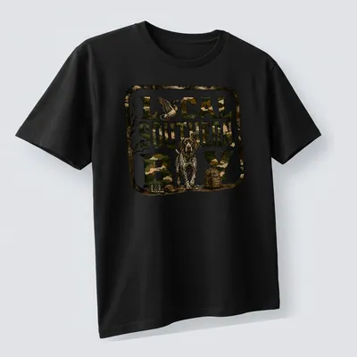 Camouflage t-shirt with Local Southern Boy text and hunting dog graphic — printed on a unisex t-shirt (angled view)