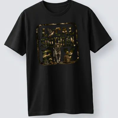 Camouflage t-shirt with Local Southern Boy text and hunting dog graphic — printed on a unisex t-shirt