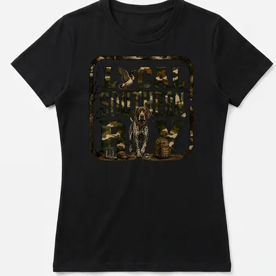 Camouflage t-shirt with Local Southern Boy text and hunting dog graphic — printed on a women's shirt