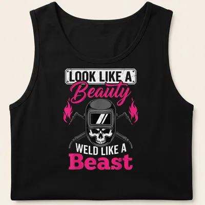 Bold graphic shirt featuring a skull and the text about beauty and welding — printed on a tank top