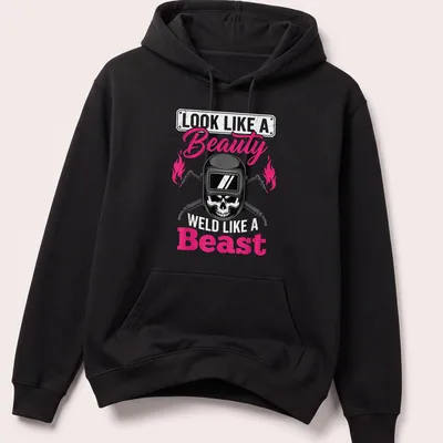 Bold graphic shirt featuring a skull and the text about beauty and welding — printed on a unisex hoodie