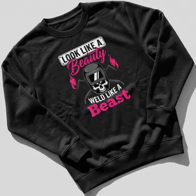 Bold graphic shirt featuring a skull and the text about beauty and welding — printed on a unisex sweatshirt